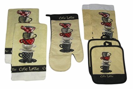 Cafe Latte Coffee Cups Black Tan 7 Piece Kitchen Set - 2 Kitchen Dish Towels, 1 Oven Mitt, 2 Pot Holders, 2 Dishcloths