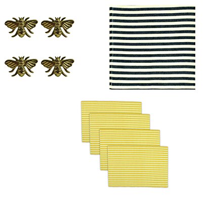 Design Imports Honey Bee Table Linens Bundle with 4 Gold Brass Napkin Rings, 4 Black Stripe Cotton Napkins, 4 Canary Yellow Stripe Cotton Placemats (12)