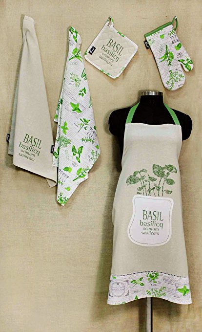 R Home Basil Leaf Script Printed Cotton Chef'S Apron Set With Mitten, Pot Holder And 2 Kitchen Towels, Green, Kitchen Linen