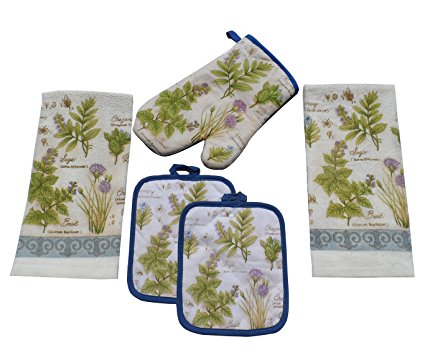 Blue Herbs Value Pack 5 Piece Kitchen Set 2 Towels 2 Pot Holders 2 Oven Mitts