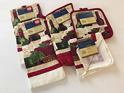 Colorful Red Wine 7 Piece Kitchen Linen Bundle With 2 Dish Towels, 2 Dish Cloths, 2 Potholders, and 1 Oven Mitt