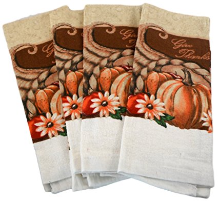 Autumn Thanksgiving Harvest Dish Towels - Set of Four Cotton Dish Towels (Give Thanks Cornucopia)