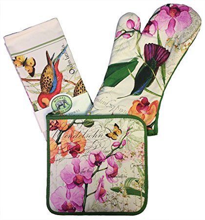 Michel Design Works Tea Towel, Oven Mitt, Pot Holder Set (Orchids in Bloom)