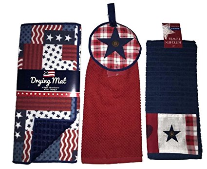 Patriotic American Flag Patchwork 3-pcs Kitchen Bundle Set, Drying Mat, Hanging Towel and Hand Dish Towel