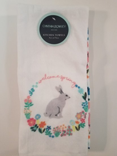 Cynthia Rowley set of 2 kitchen towels Welcome Spring floral circle bunny