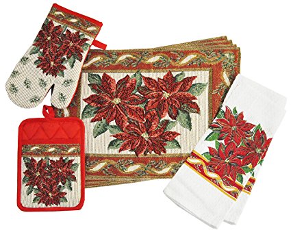 Home Concepts Tapestry Poinsettia Cotton Kitchen Linen Set - 4 Placemats, 2 Towels, 1 Potholder, and 1 Oven Mitt