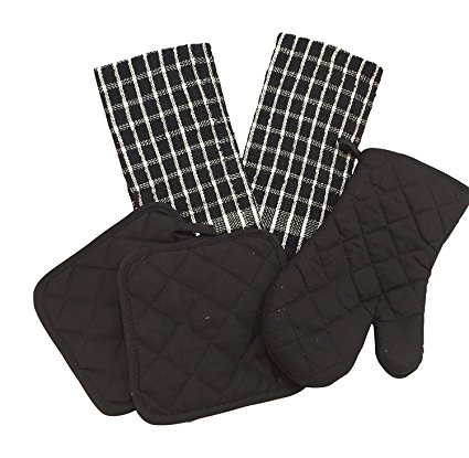 Kitchen Linen Set (Includes: one oven mitt, two pot holders and two dish towels) (Black & White)