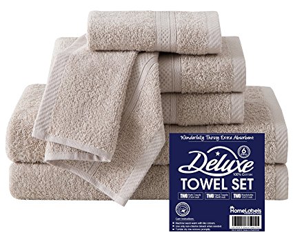 Premium 6 Piece Towel Set - 2 Bath Towels, 2 Hand Towels and 2 Washcloths - Beige - Cotton - Machine Washable, Hotel Quality, Super Soft and Highly Absorbent - by HomeLabels