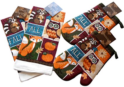 Thanksgiving Harvest Kitchen Towels and Oven Mitts - Bundle of 4 Items: 2 Dish Towels and 2 Oven Mitts (Fox and Friends - Owl and Raccoon)