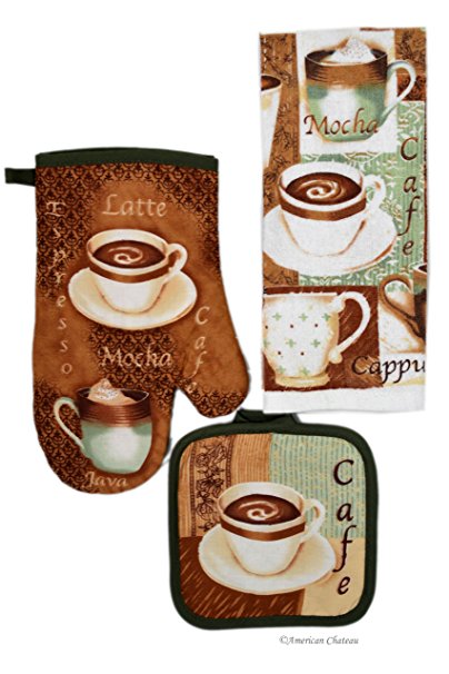 Coffee Kitchen 3 Piece Linen Towel Set with Oven Mitt and Pot Holder