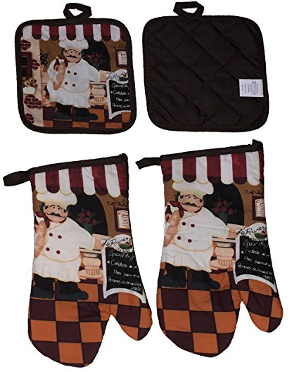 Set of 4 Chef Collection Ultra Absorbent Printed Decorative Kitchen Set Includes 2 Pot Holder, 2 Oven Mitt.