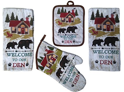 4 Piece Welcome to Our Den Kitchen Linen Set - 2 Terry Towels, Oven Mitt, Potholder