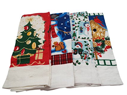 Snowman Printed Kitchen Towels - 4 Assorted Christmas Designs - 15 x25 Inches