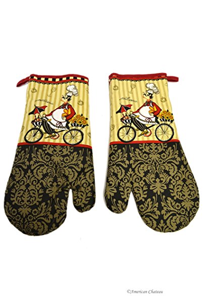 2 Piece Fat French Chef On Bicycle Bbq Kitchen Gloves Oven Mitts Bistro Decor