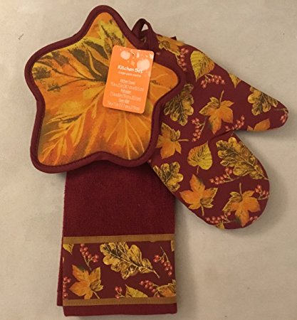 Fall Leaves Kitchen Towel-Potholder-Oven Mitt Ensemble 100% Cotton