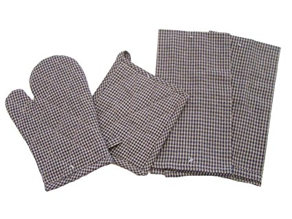 100% Cotton 4 Piece Set,Pot Holder, Oven Mitt, 2 Kitchen Towels (Blue_Checkers)