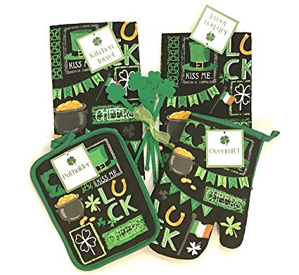 St. Patrick's Day Kitchen Dish Towels Pot Holders Mitt Set, 5Pc.: Green White Irish Shamrocks and Clovers, Warm Irish Blessing Sayings, or Party Chalk Celebration Design (Party Chalk Design Black)