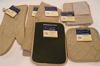 Kitchen Microfiber Towel Set (Pot Holders, Oven Mit, Neoprene Pot Holder, Microfiber Scrubbers and Dish Towels) Tan