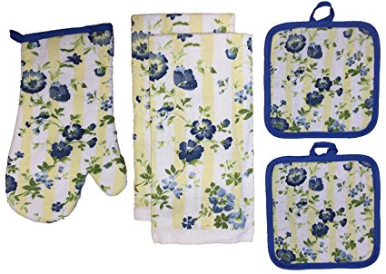 Set of 5 Ultra Absorbent Floral Collection Printed Decorative Kitchen Towel Set Includes 2 Kitchen Towel, 2 Pot Holder, 1 Oven Mitt.