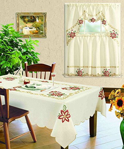 All American Collection New 3pc Christmas Holiday Design Embroidered Kitchen Curtain Set