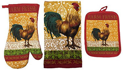 Set of 3 , 100% Cotton Premium Printed, Kitchen Towel, Oven Mitt & Pot Holder (Rooster)