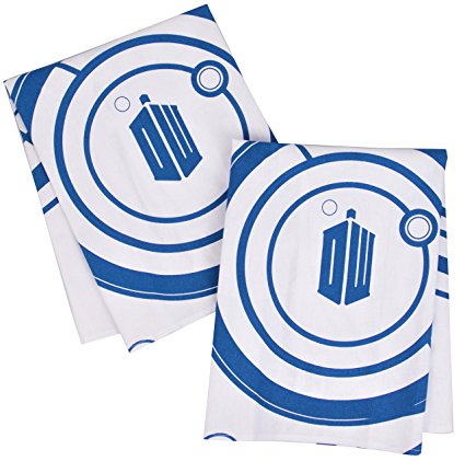 Doctor Who Kitchen Towels 100% Cotton Set of 2 - Perfect Oven Door Hanging Hand Towels - Dr. Who TARDIS Logo and Gallifreyan Design - Size 18