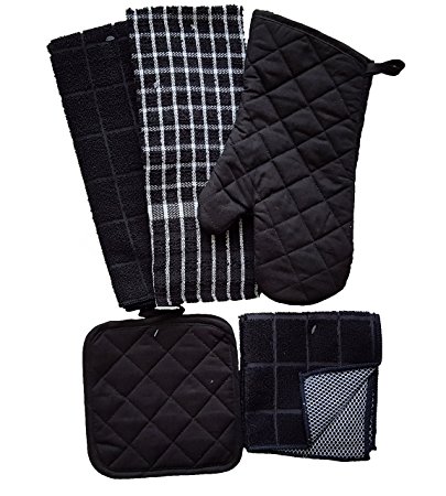 Kitchen Linen Set Black/White 7 Piece Bundle – 2 Dish Towels, 2 Dishcloths, 2 Potholders, and 1 Oven Mitt