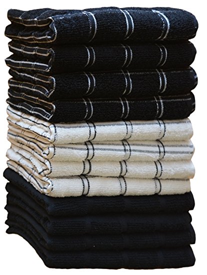 Kitchen Towels (12 Pack, 15X25 Inch) 100% Premium Cotton, Machine Washable Extra Soft Set of 12, 3 Designs Dobby Weave Kitchen Dish Cloths, Tea Towels, Bar Towels, Black - By HomeLabels