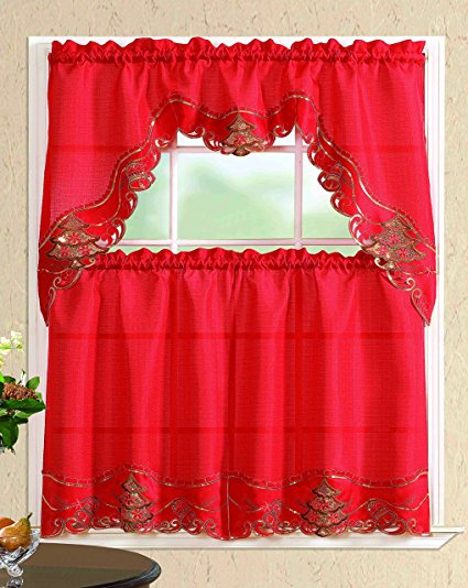 All American Collection New 3pc Christmas Holiday Design Embroidered Kitchen Curtain Set (Christmas Tree with Bells, Red