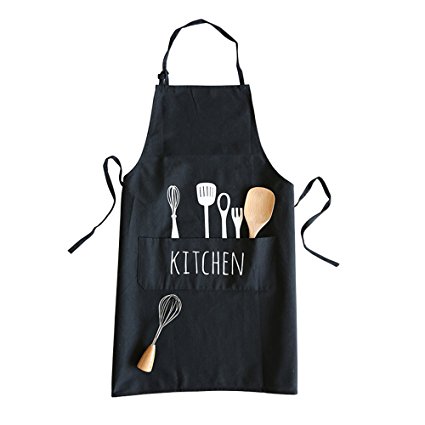 Drhob Black Adjustable 100% Cotton Cooking Kitchen Bib Apron with Pockets for Women Men Chef