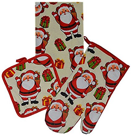 3 Pieces 100% Cotton Kitchen Linen Set W/Christmas Designs. (Oven Mitt, Pot Holder,towel) (Santa)