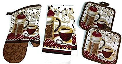 Coffee Theme Kitchen Linen Set (2041) (Includes: one oven mitts, one kitchen towel, and two pot holders)