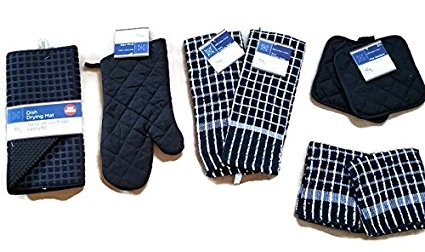 Black Kitchen Linen Bundle Package Oven Mitts (1) Pot Holder (2) Kitchen Towels (2) Terry Dish Cloths (2), Dish Drying Mat (1)