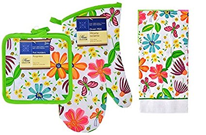 Spring Fling 5 PC Kitchen Linen Set Two Towel, Two Pot Holders, & One Oven Mit (Flowers)