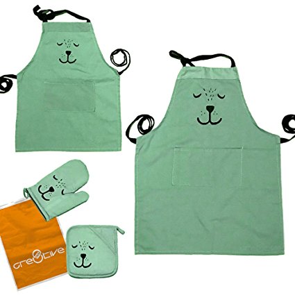 Cre8tivePick Cute Bear Apron For Adult & Child, Matching Apron + Oven Mitt + Pot Holder, Heat Resistant, Machine Washable, Kitchen Gift Set, Baking Gift Set, Parents and kids uniform set