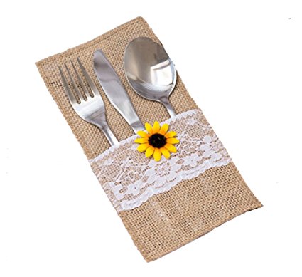 GUAHONG 50 PCS Natural Burlap Silverware Napkin Holders with Rustic Sunflower and Lace Cover,Cutlery Pouch for Vintage Wedding Table Decor or Shower Party Table Setting