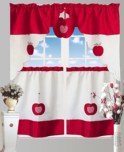 Bed Bath Fashions Chef's Collection Apple 3-Piece Pc Kitchen Curtain Valance Tailored Swag with 2 Tiers Decor Set 60-Inch x 36-Inch (Red)