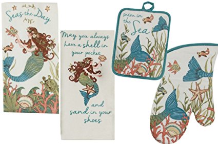 Mermaid Kitchen Linens Set: Bundle Includes 1 Oven Mitt, 1 Potholder, 2 Kitchen Towels - Seas the Day Design