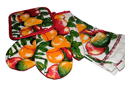 5 Piece Kitchen Gift Set , Towels, Oven Mitts, Potholder (Peaches)