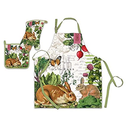 Complete Premium Kitchen Linens Set of 100% Cotton Apron, Oven Mitt and Potholder in Victorian Design (Garden Bunny)