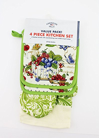 4 Pcs, Floral Collection, 100% Cotton, 2 Kitchen Towel, 1 Oven Mitt, 1 Pot Holder Style # 6