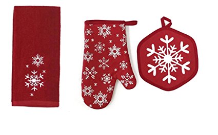 Christmas Holiday Snowflake Kitchen Set - Potholder, Oven Mitt, and Towel (Red)