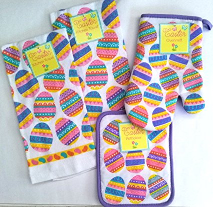 Easter Kitchen Towels Sets, Dish Towels, Pot Holder and Oven Mitt Set - 4 Piece Easter Decorations Dish Towel Set - Easter Decor (Glitter Easter Eggs with Purple Trim)