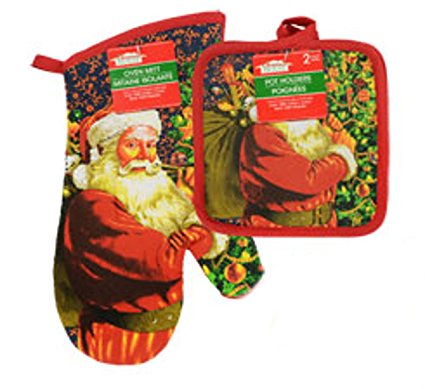 3-Piece Christmas House Traditional Santa Claus Design - 2 Pot Holders and Oven Mit