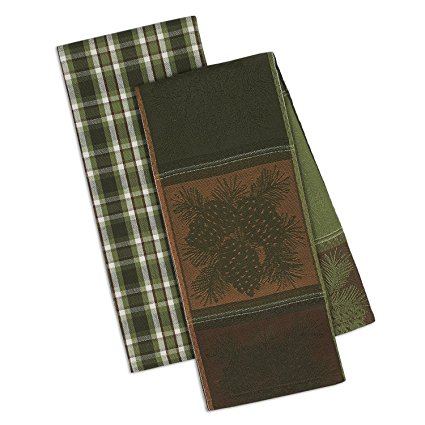 DII Design Imports Mountain Pine Kitchen Dishtowels Set of 2 ~ Pinecone Jacquard ~ Cascade Plaid ~ Fall Winter Holiday