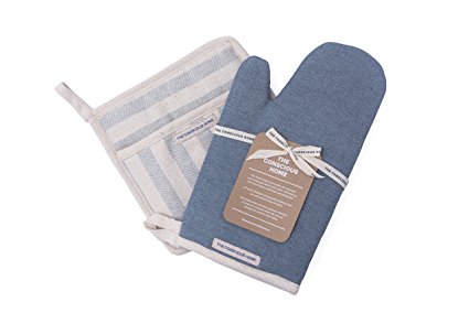 Kitchen Oven Mitts Pot Holders Set | Blue | Designer Oven Mitt Set, Eco Cotton and Denim | Set of 2