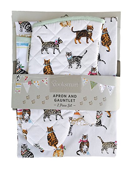 Cooksmart Apron and Gauntlet Oven Mitt Set Cats on Parade Theme