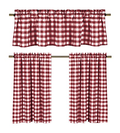 Wine Red White Kitchen Curtains: Gingham Checkered Plaid Design