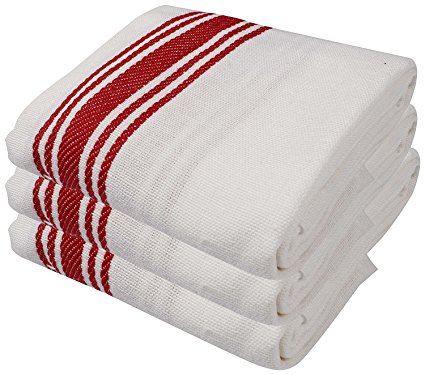 100% Cotton fancy Stripe Kitchen Towels - White. Pack of 3 ( 15 X 25 )inches. High water absorbency. Easy Clean and dry. Attractive red stripe towel with cross hanger.