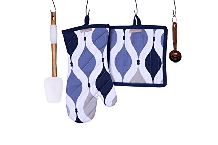 Pot Holders and Oven Mitts, Geometric Blue Design, Heat Resistant, Made of 100% Cotton, Set of 1 Oven Mitt and 1 Pot Holder, Pot Holders and Oven Mitts Sets By CASA DECORS